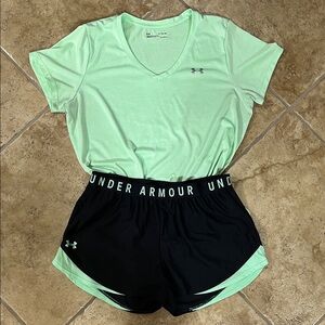 Under Armour Mint Green V-Neck Tee and Black w/ Mint Green Shorts